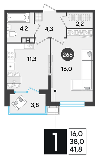 Продажа 1-комнатной квартиры 41,8 м², 5/9 этаж