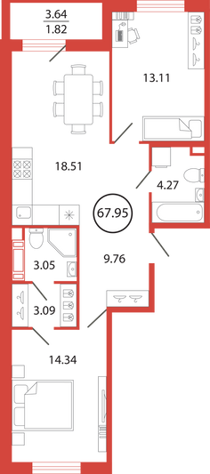 Продажа 2-комнатной квартиры 67,9 м², 5/12 этаж