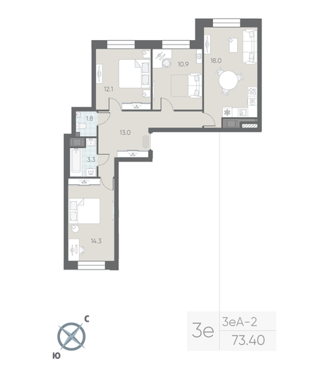 Продажа 3-комнатной квартиры 73,4 м², 11/12 этаж