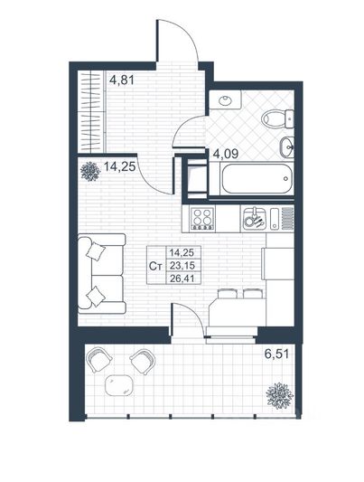 Продажа квартиры-студии 26,4 м², 5/9 этаж