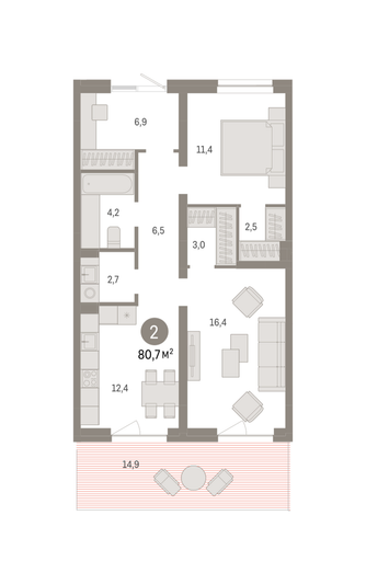 Продажа 2-комнатной квартиры 80,7 м², 1/6 этаж