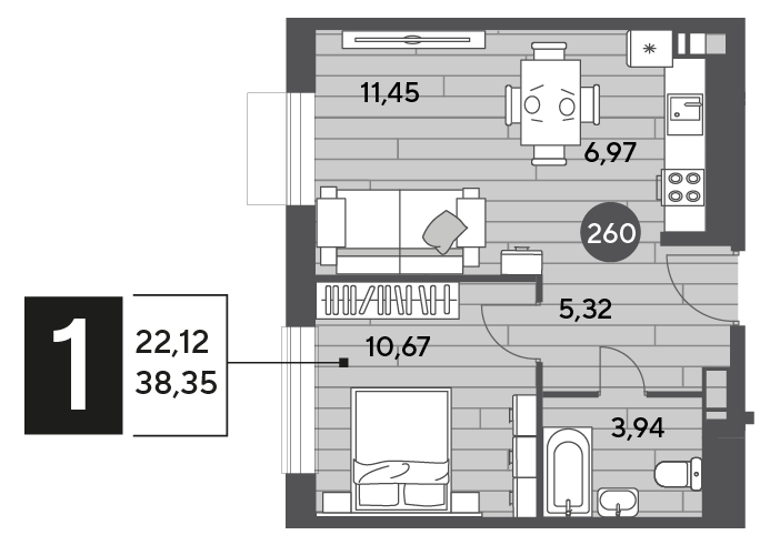 Продажа 1-комнатной квартиры 38,3 м², 15/15 этаж