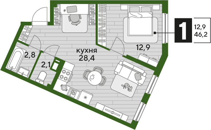 Продажа 1-комнатной квартиры 46,2 м², 12/19 этаж