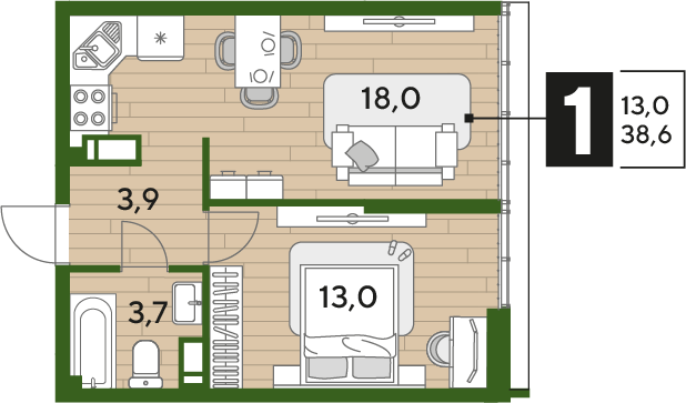 Продажа 1-комнатной квартиры 38,6 м², 16/16 этаж