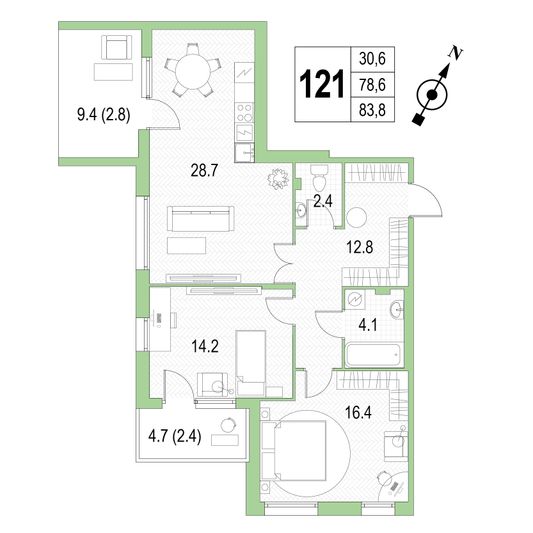Продажа 2-комнатной квартиры 83,8 м², 4/4 этаж