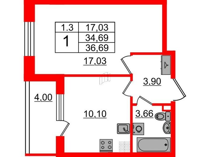 Продажа 1-комнатной квартиры 34,7 м², 5/5 этаж