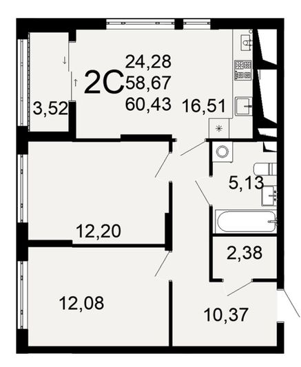 Продажа 2-комнатной квартиры 60,4 м², 12/17 этаж