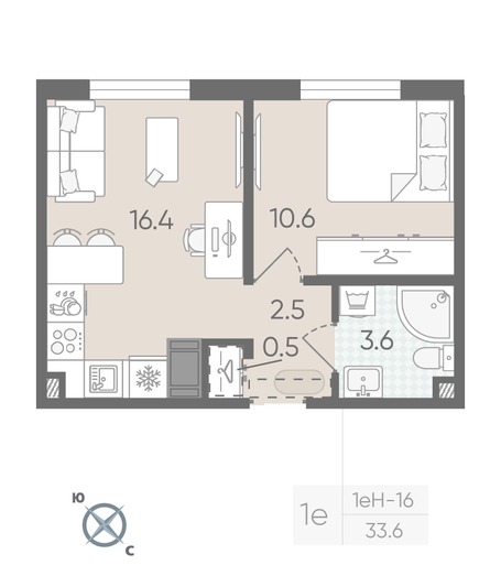 Продажа 1-комнатной квартиры 33,6 м², 21/22 этаж