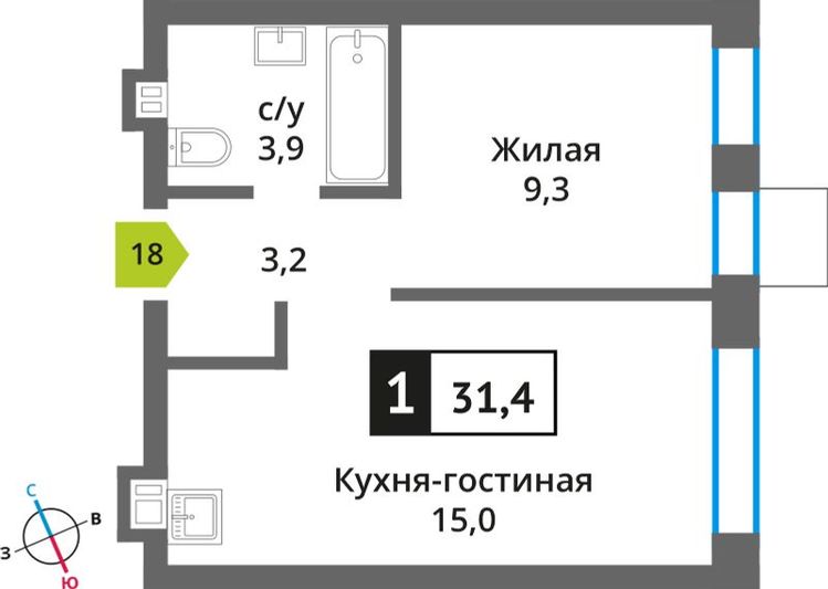 Продажа 1-комнатной квартиры 31,4 м², 3/9 этаж