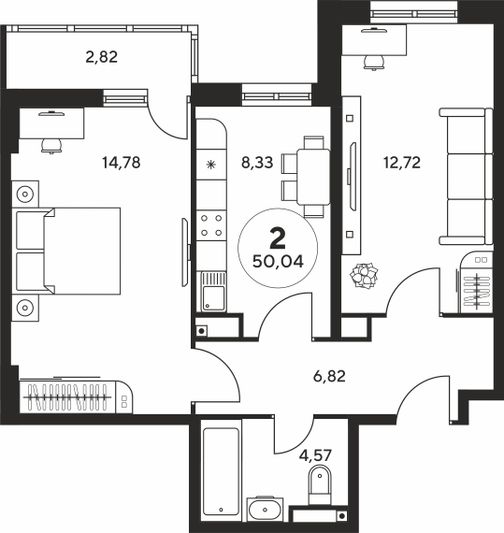 Продажа 2-комнатной квартиры 50 м², 14 этаж