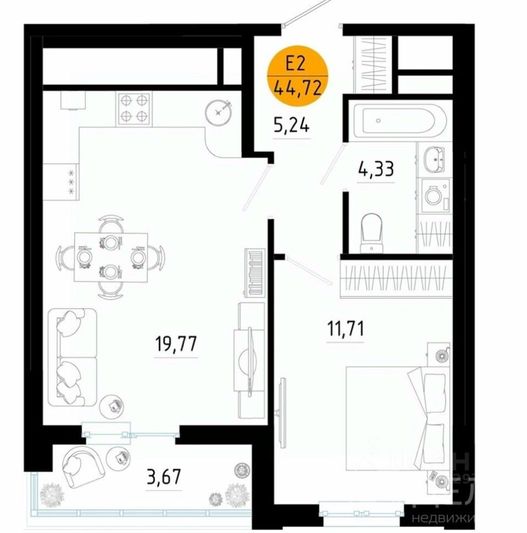 Продажа 1-комнатной квартиры 44,6 м², 15/25 этаж