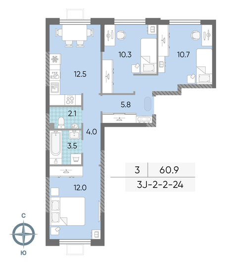 Продажа 3-комнатной квартиры 60,9 м², 9/24 этаж