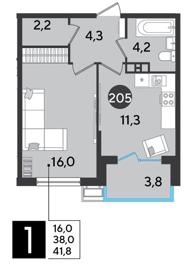 Продажа 1-комнатной квартиры 41,8 м², 8/9 этаж