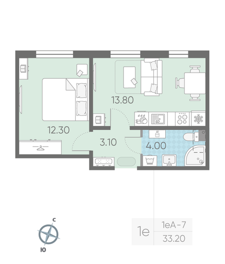 Продажа 1-комнатной квартиры 33,2 м², 1/16 этаж