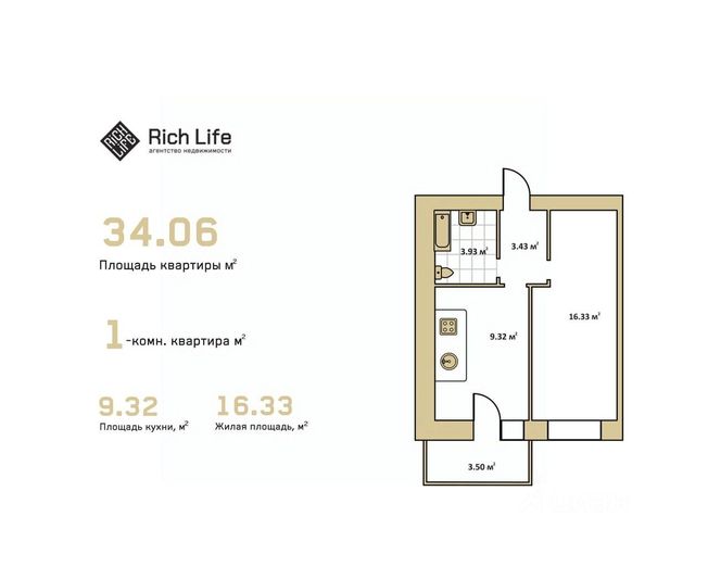Продажа 1-комнатной квартиры 34,1 м², 5/9 этаж