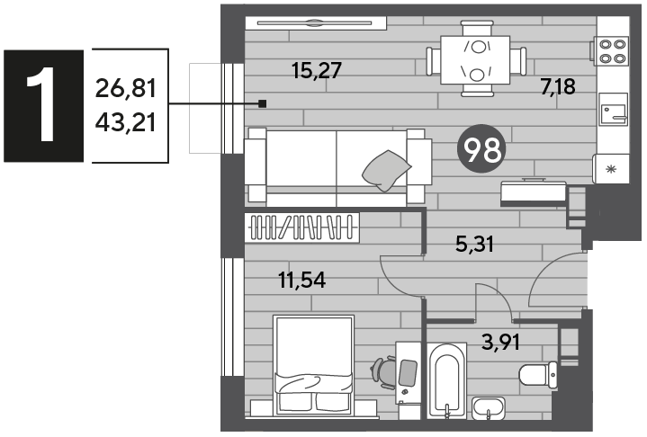 Продажа 1-комнатной квартиры 43,2 м², 4/10 этаж