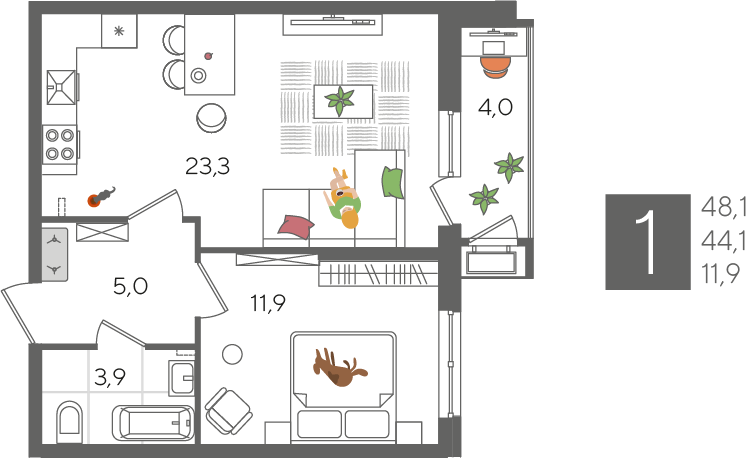Продажа 1-комнатной квартиры 48,1 м², 2/24 этаж