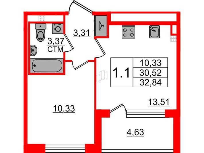 Продажа 1-комнатной квартиры 30,5 м², 3/4 этаж