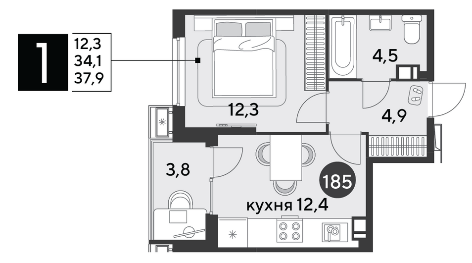 Продажа 1-комнатной квартиры 37,9 м², 3/9 этаж