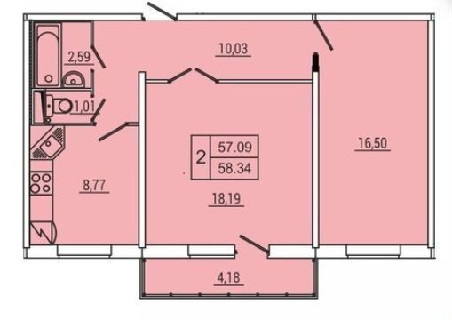 Продажа 2-комнатной квартиры 58,3 м², 13/16 этаж