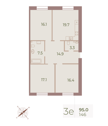 Продажа 3-комнатной квартиры 95,1 м², 1/9 этаж