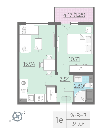 Продажа 1-комнатной квартиры 33,9 м², 3/13 этаж