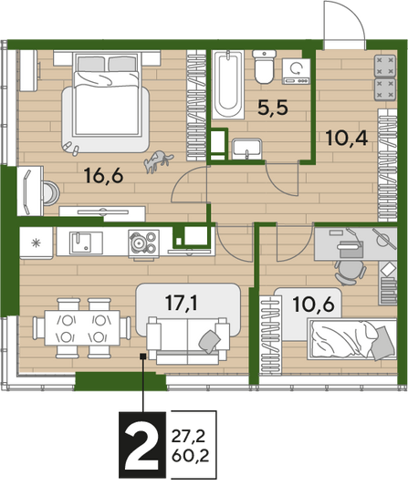 Продажа 2-комнатной квартиры 60,2 м², 15/16 этаж