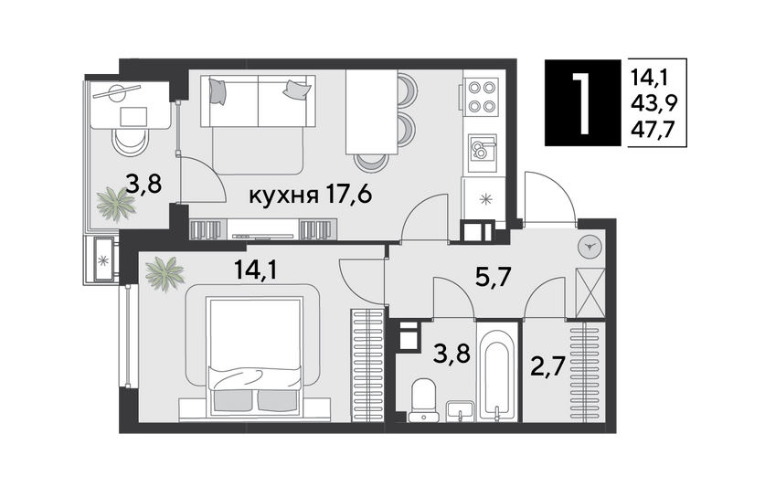 Продажа 1-комнатной квартиры 47,7 м², 5/9 этаж