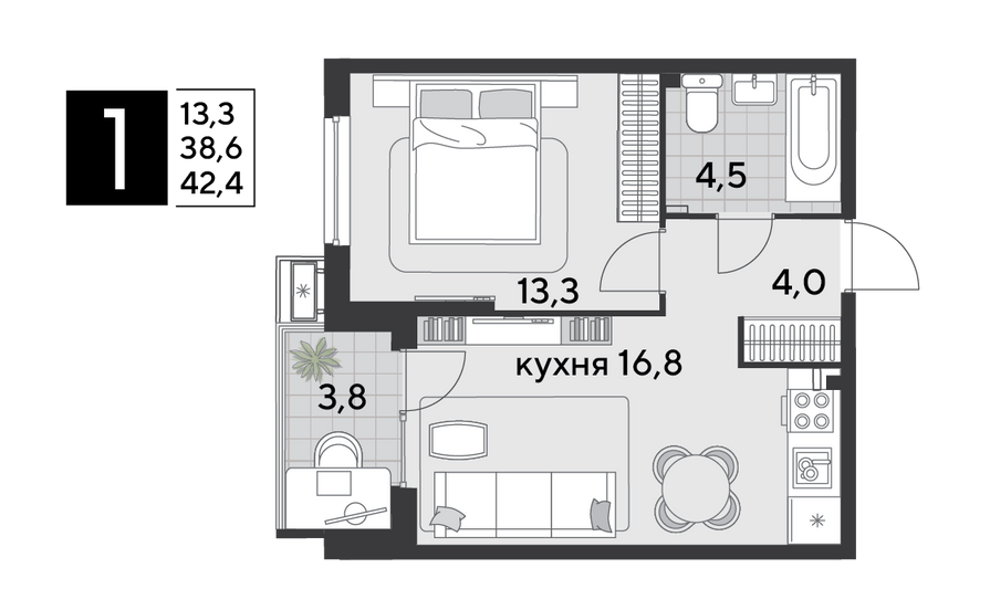 Продажа 1-комнатной квартиры 42,4 м², 2/18 этаж