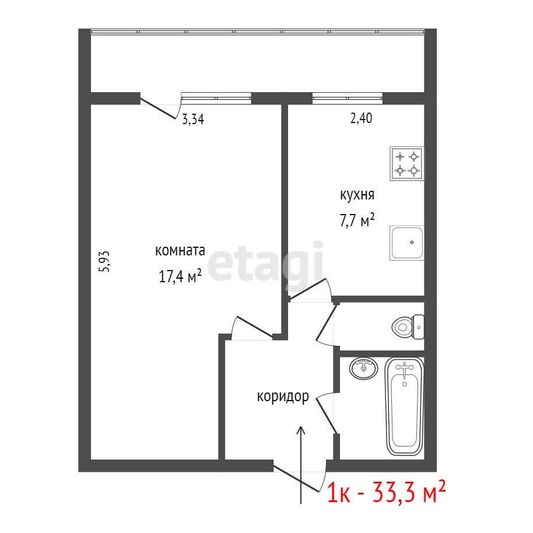 Продажа 1-комнатной квартиры 33,3 м², 2/10 этаж