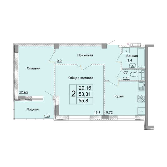 Продажа 2-комнатной квартиры 55,8 м², 6 этаж