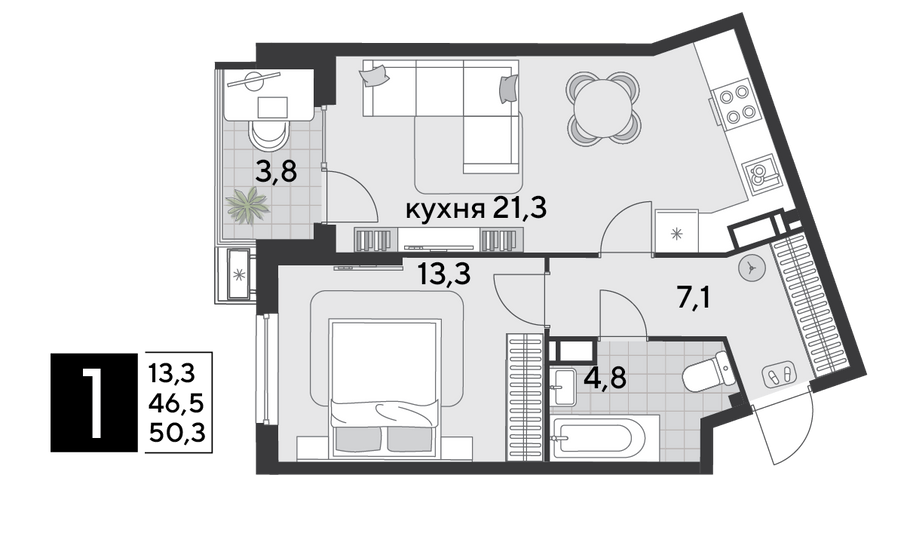 Продажа 1-комнатной квартиры 50,3 м², 16/18 этаж