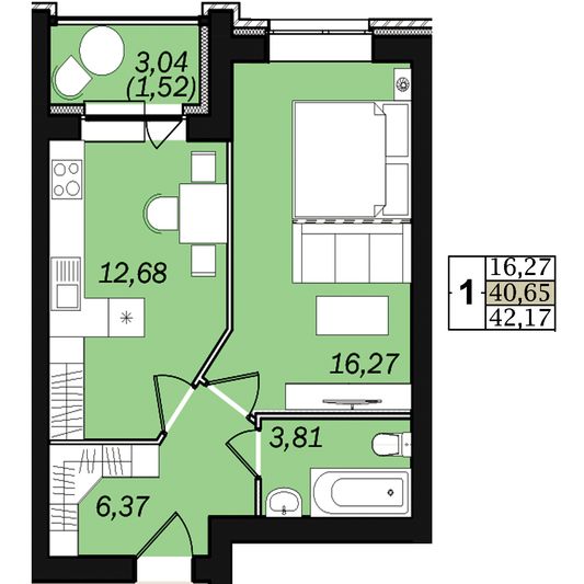 Продажа 1-комнатной квартиры 40,7 м², 1/5 этаж