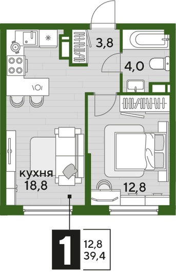 Продажа 1-комнатной квартиры 39,4 м², 11/16 этаж