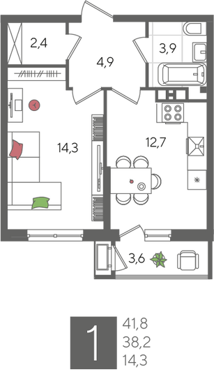 Продажа 1-комнатной квартиры 41,8 м², 4/24 этаж