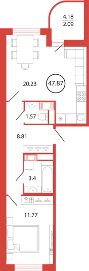 Продажа 1-комнатной квартиры 47,9 м², 4/12 этаж