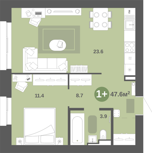 Продажа 1-комнатной квартиры 47,6 м², 2/9 этаж