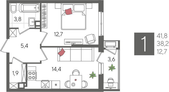 Продажа 1-комнатной квартиры 41,8 м², 7/24 этаж