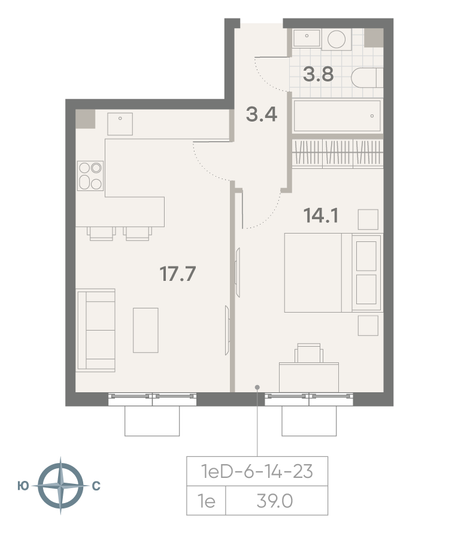 Продажа 1-комнатной квартиры 39 м², 20/23 этаж