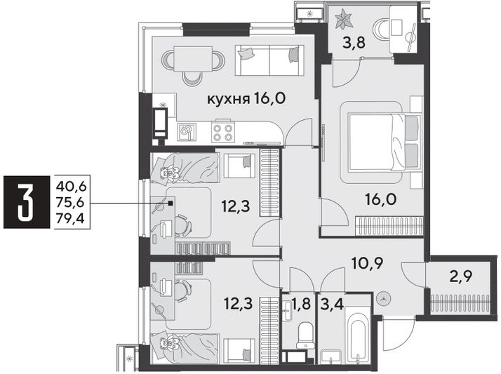 Продажа 3-комнатной квартиры 79,4 м², 14/18 этаж