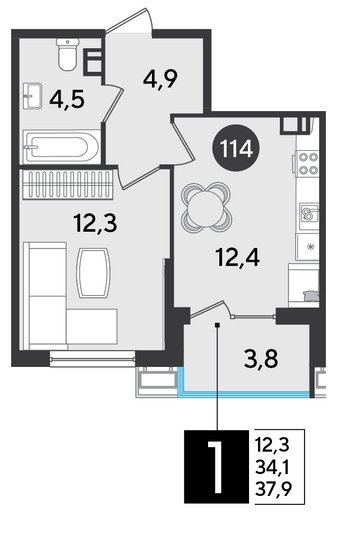 Продажа 1-комнатной квартиры 37,9 м², 6/9 этаж