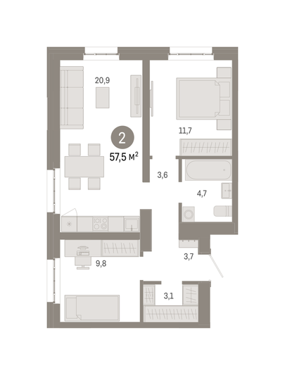 Продажа 2-комнатной квартиры 57,5 м², 10/16 этаж