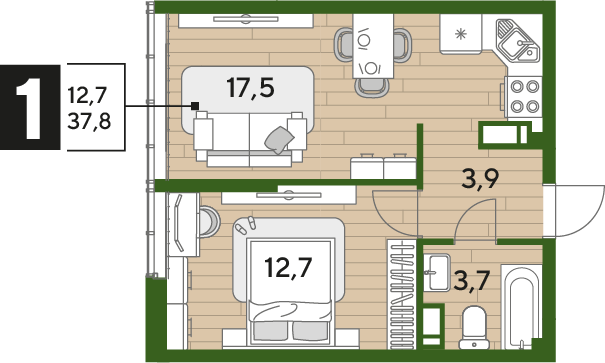 Продажа 1-комнатной квартиры 37,8 м², 15/16 этаж