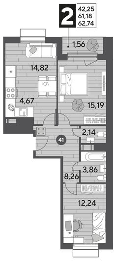 Продажа 2-комнатной квартиры 62,7 м², 2/9 этаж