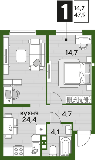 Продажа 1-комнатной квартиры 47,9 м², 3/16 этаж