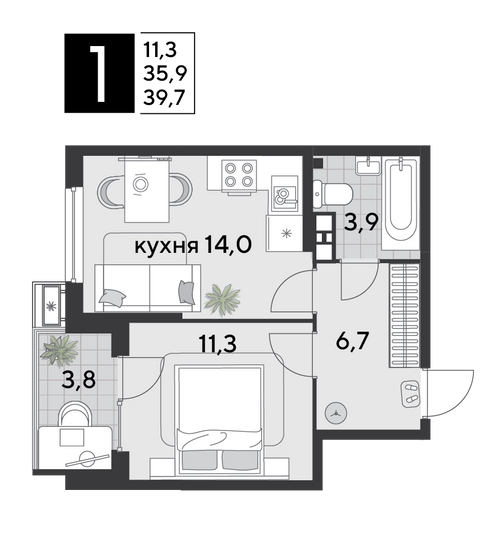 Продажа 1-комнатной квартиры 39,7 м², 7/9 этаж