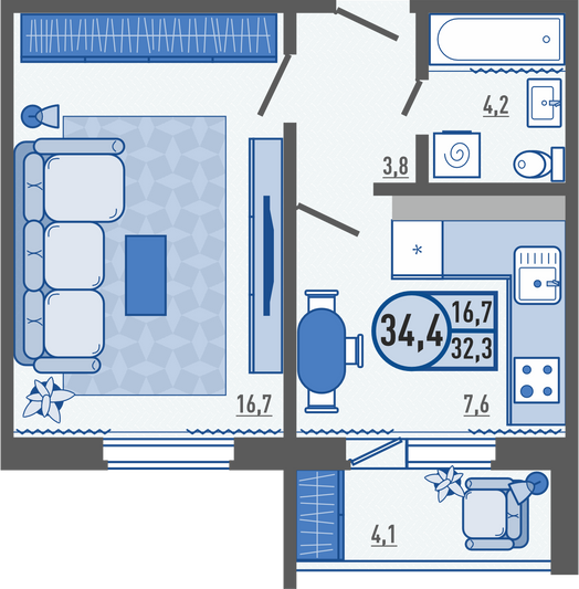 Продажа 1-комнатной квартиры 34,4 м², 1/16 этаж