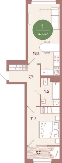Продажа 1-комнатной квартиры 47,4 м², 5/17 этаж