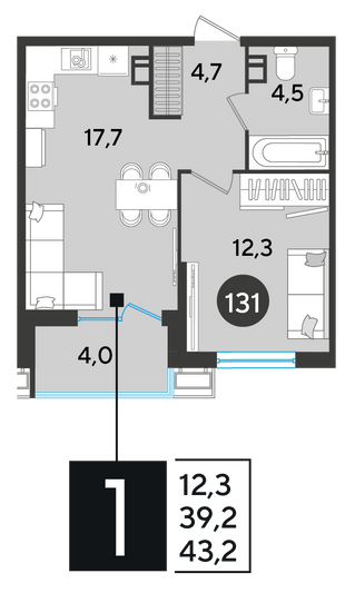 Продажа 1-комнатной квартиры 43,2 м², 8/18 этаж