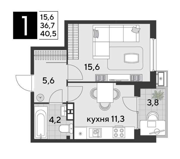 Продажа 1-комнатной квартиры 40,5 м², 6/9 этаж